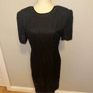 Vintage Stenay Black 100% Silk Beaded Mini Dress Size 10